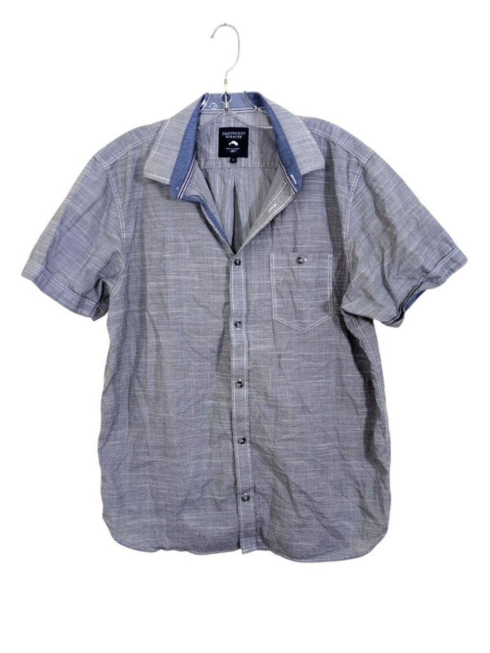 Nantucket Whaler Mens L Button Up Shirt Pinstripe Gray Short Sleeve Cotton